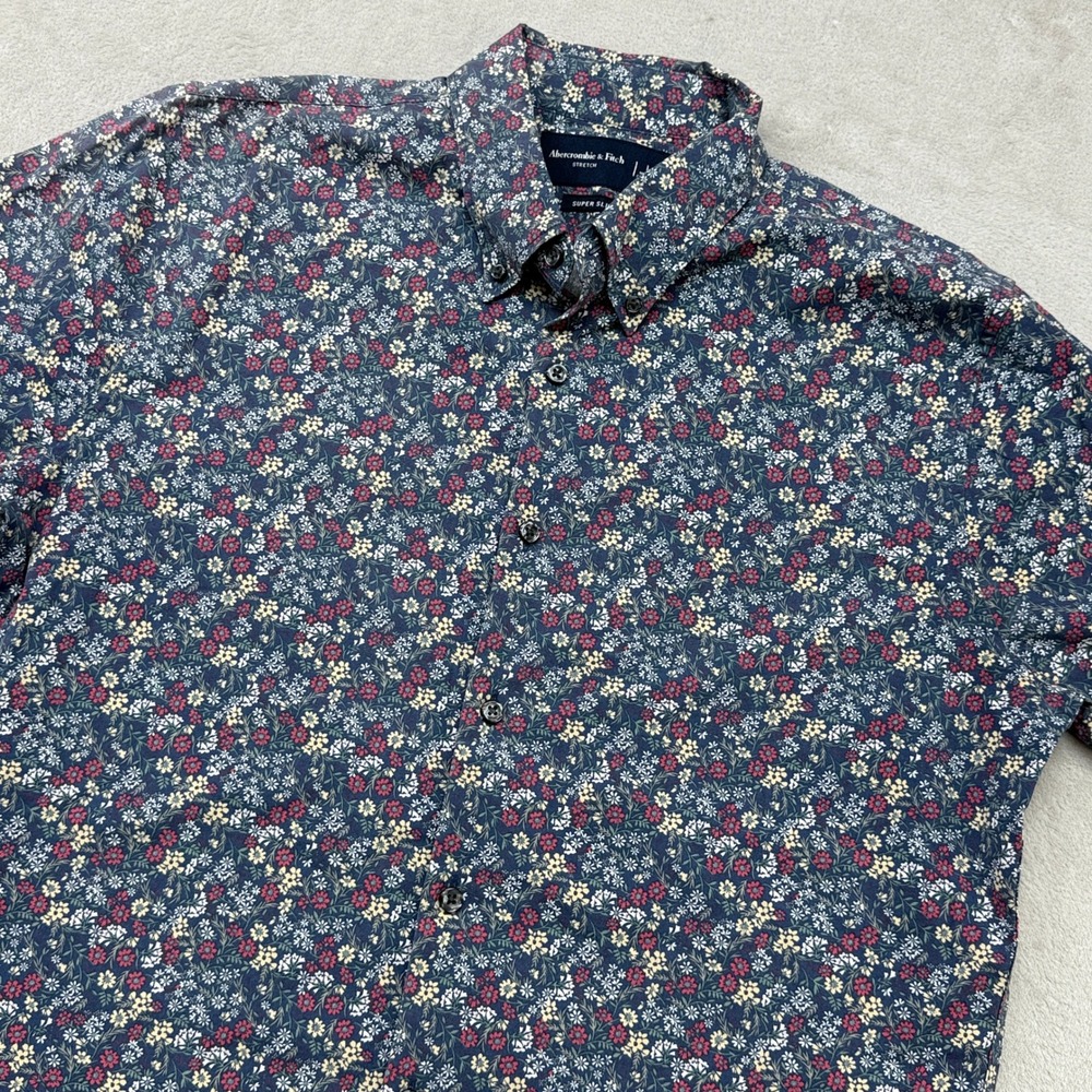Abercrombie & Fitch Button Down Mens Large Navy Floral Super Slim Stretch Shirt